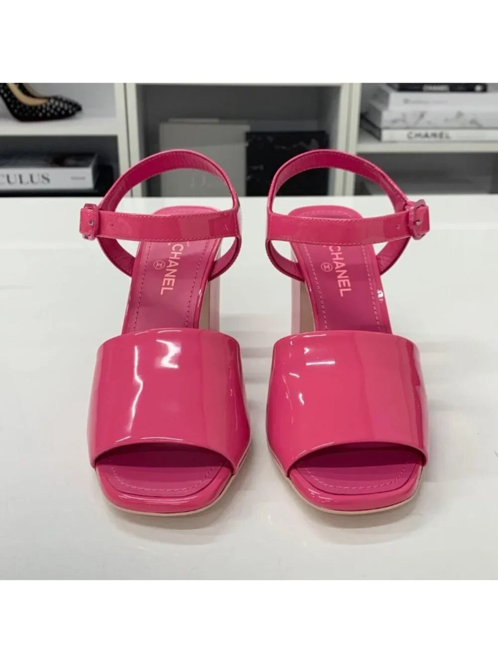 Chanel CC Logo Patent Strap Sandals Pink